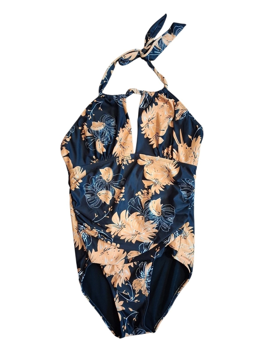 Navy Floral Halter One-Piece Swimsuit with Peach Yellow Bloom Print